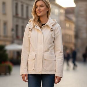 JOSEPH RIBKOFF CREAM TAILORED GOLD BUCKLE DETAIL MOTO UTILITY JACKET SIZE 8